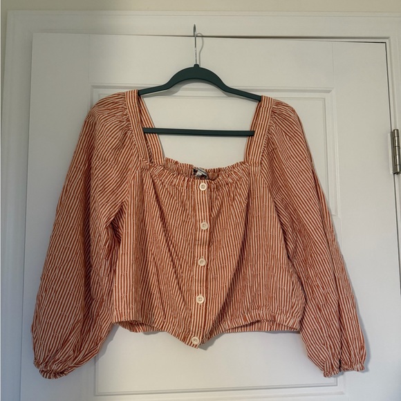 Madewell | Puff-Sleeve Crop Top Embroidered Stripe Orange White Large - Picture 13 of 15